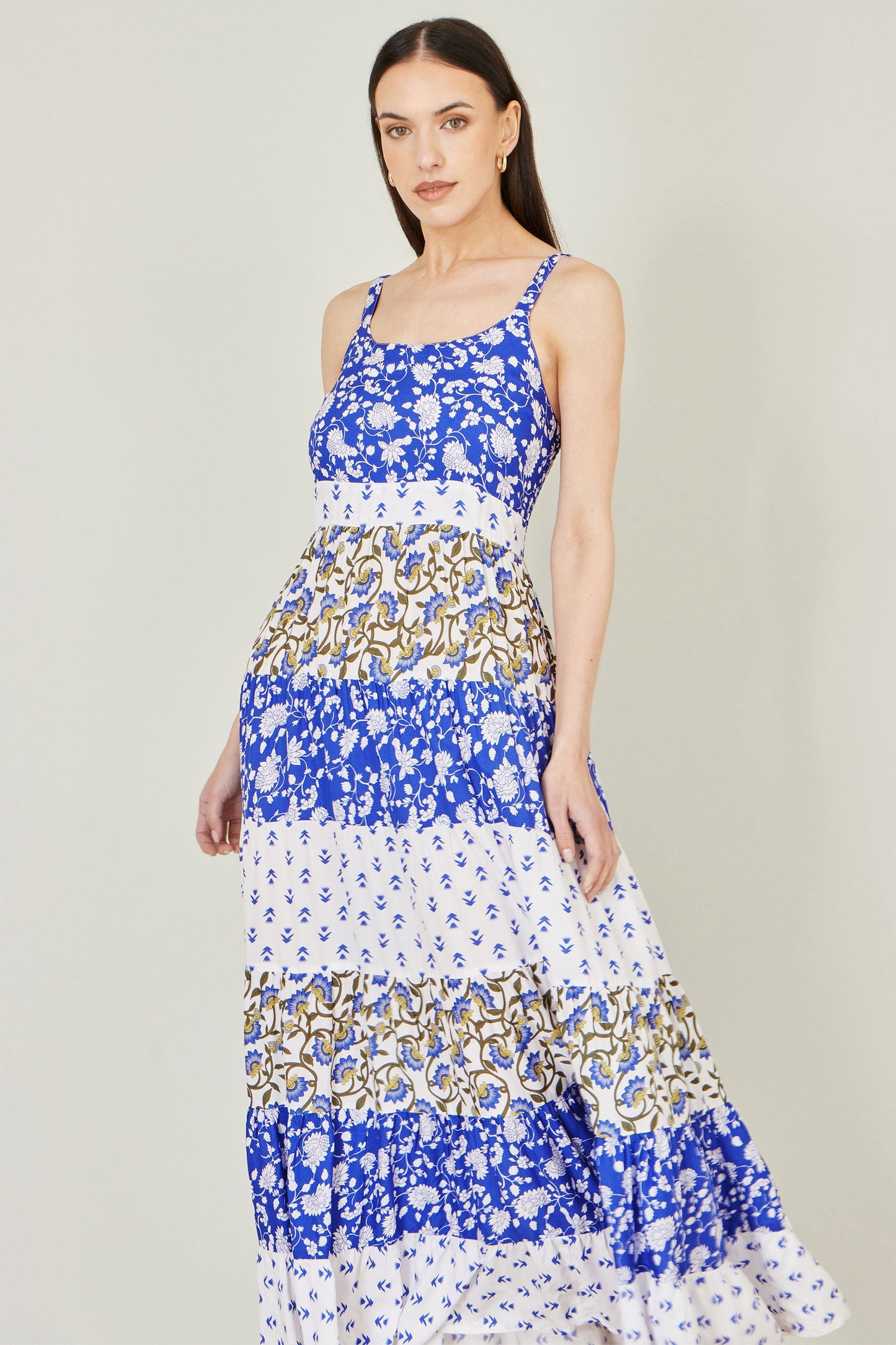 White And Blue Rayon Patchwork Print Tiered Maxi Dress
