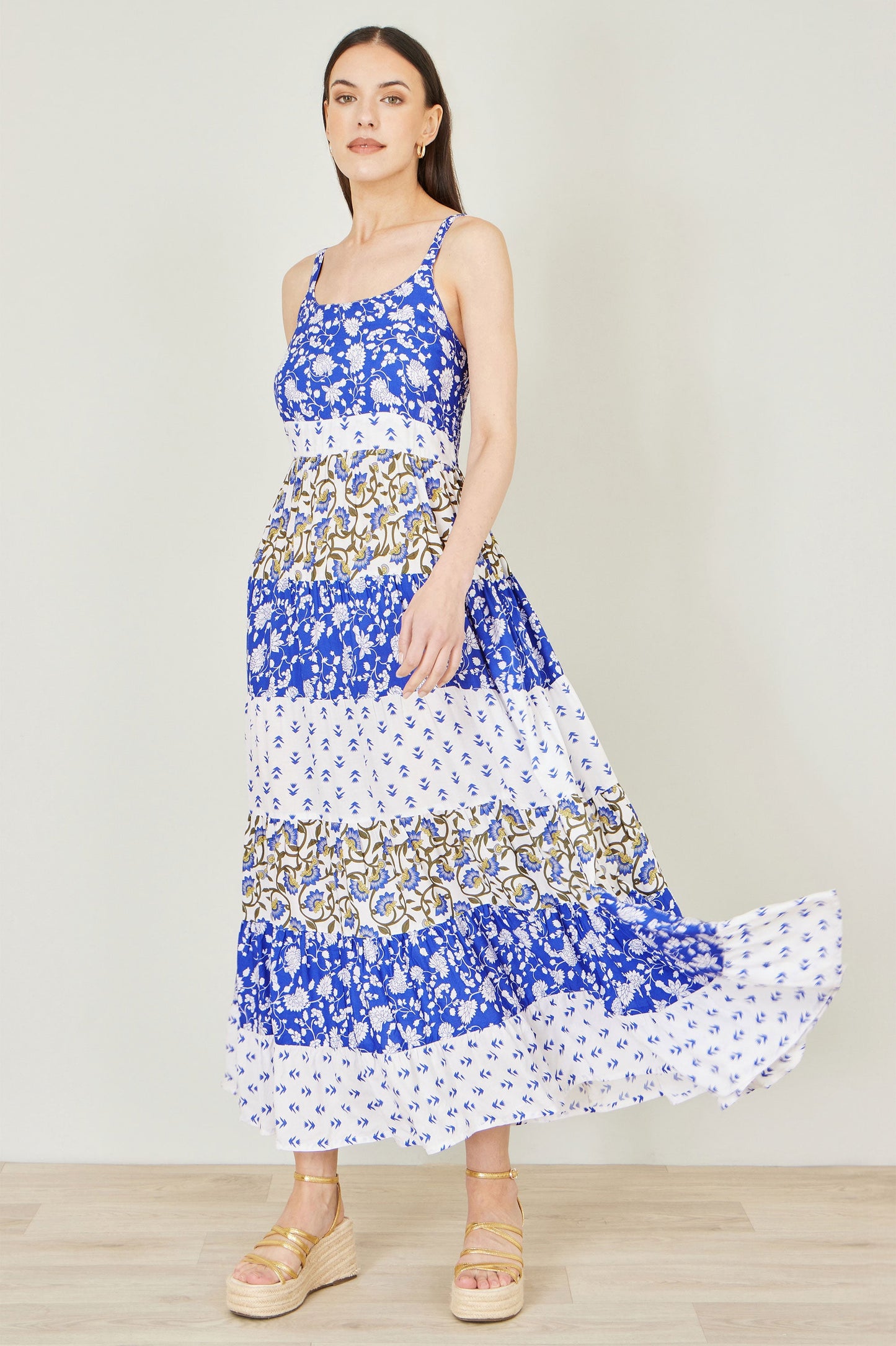 White And Blue Rayon Patchwork Print Tiered Maxi Dress