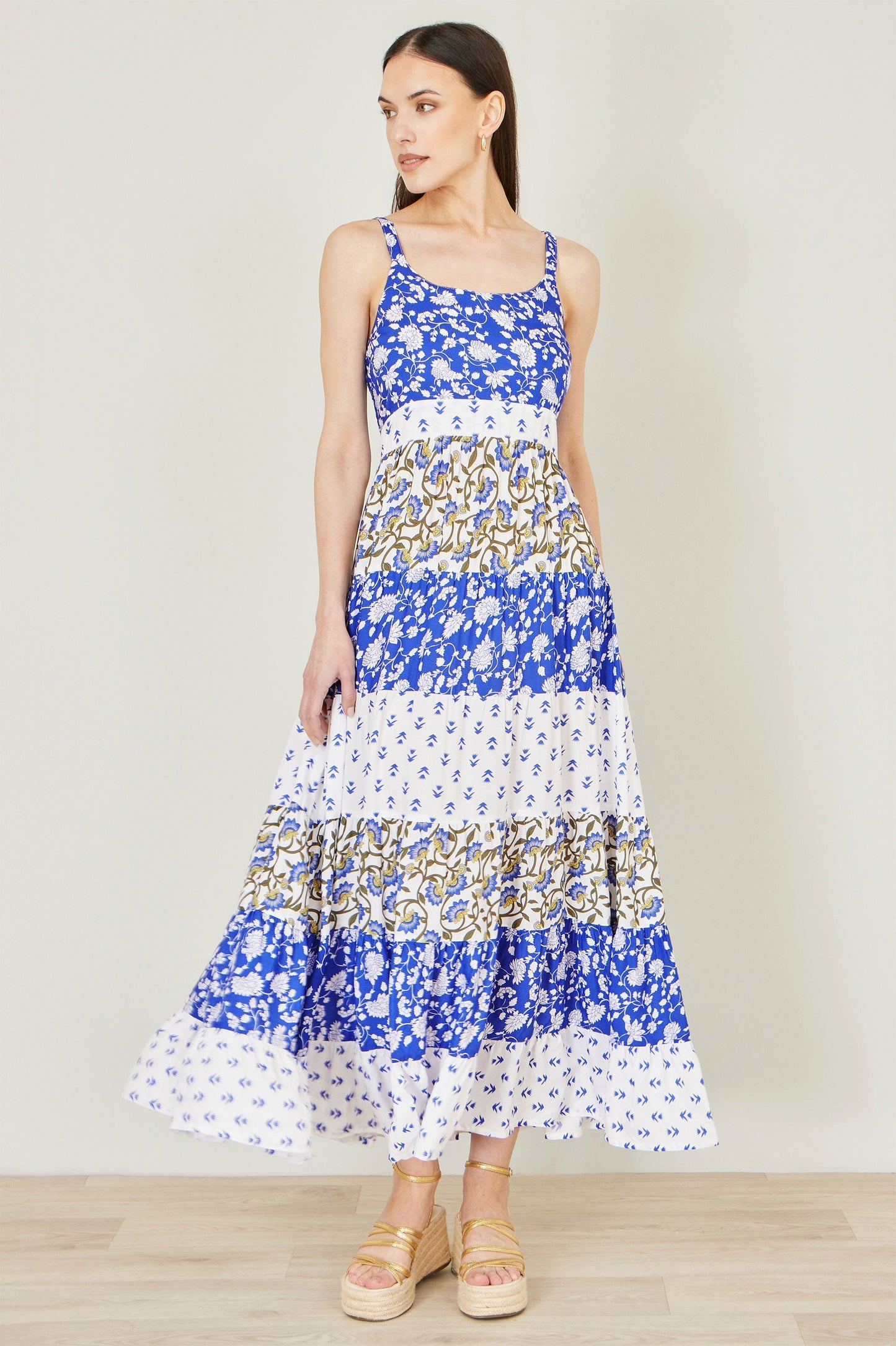 White And Blue Rayon Patchwork Print Tiered Maxi Dress