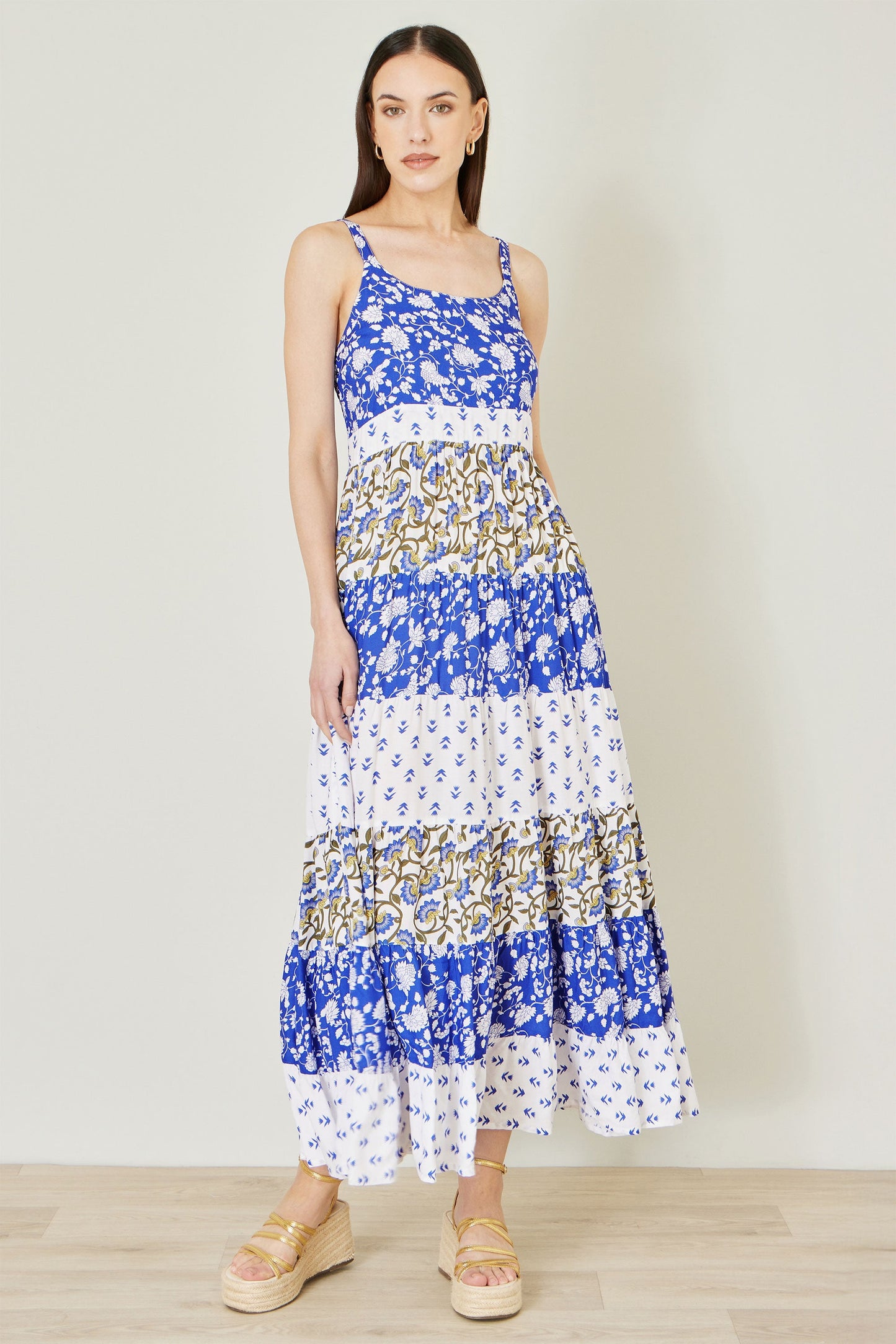 White And Blue Rayon Patchwork Print Tiered Maxi Dress