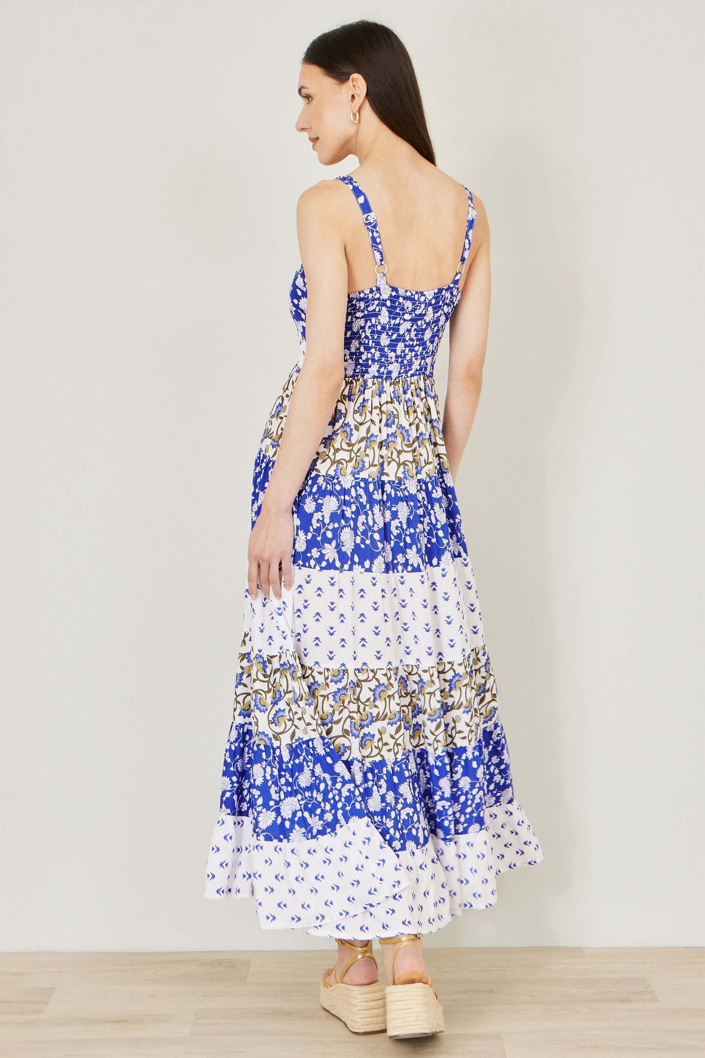 White And Blue Rayon Patchwork Print Tiered Maxi Dress