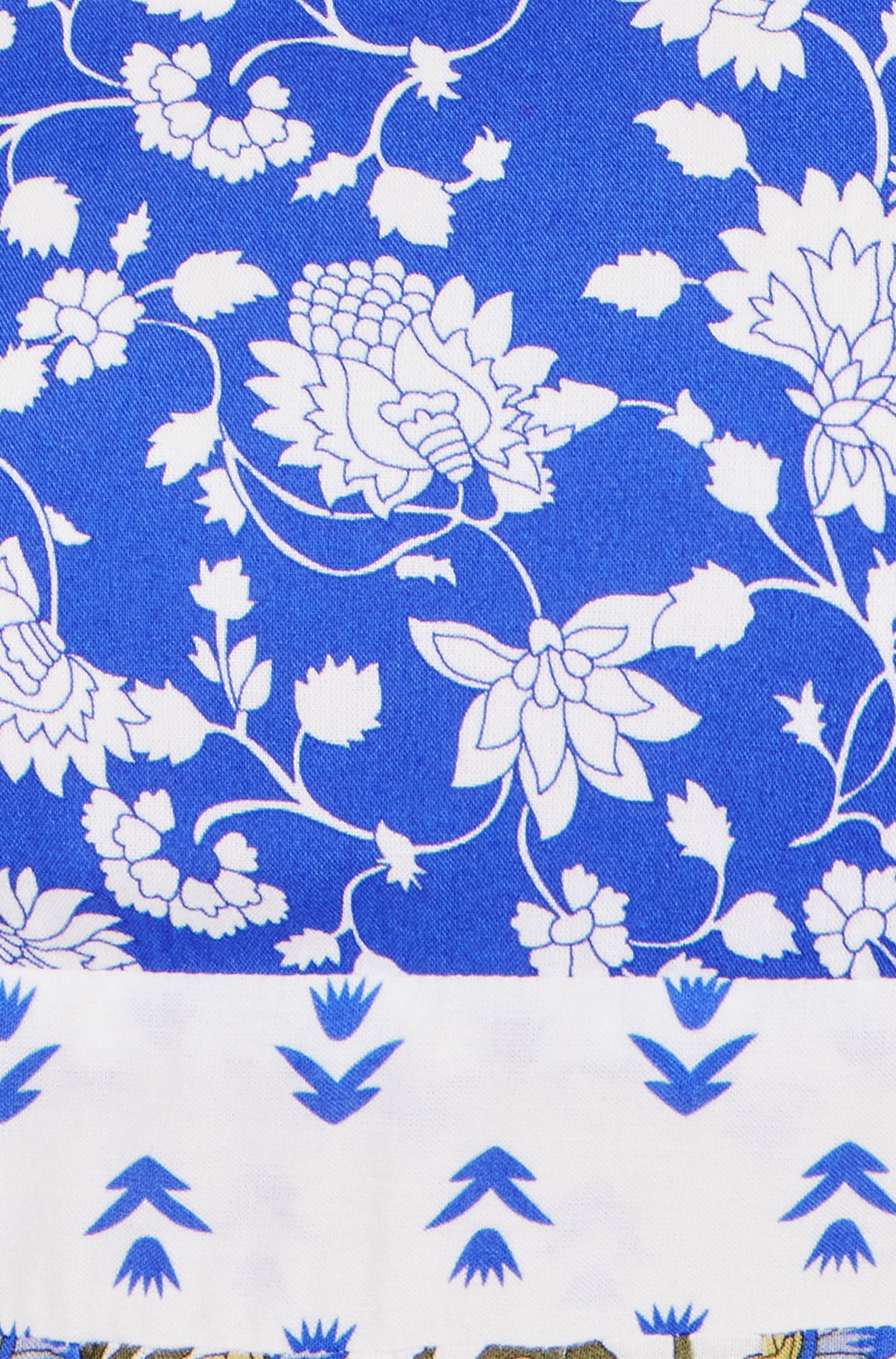 White And Blue Rayon Patchwork Print Tiered Maxi Dress