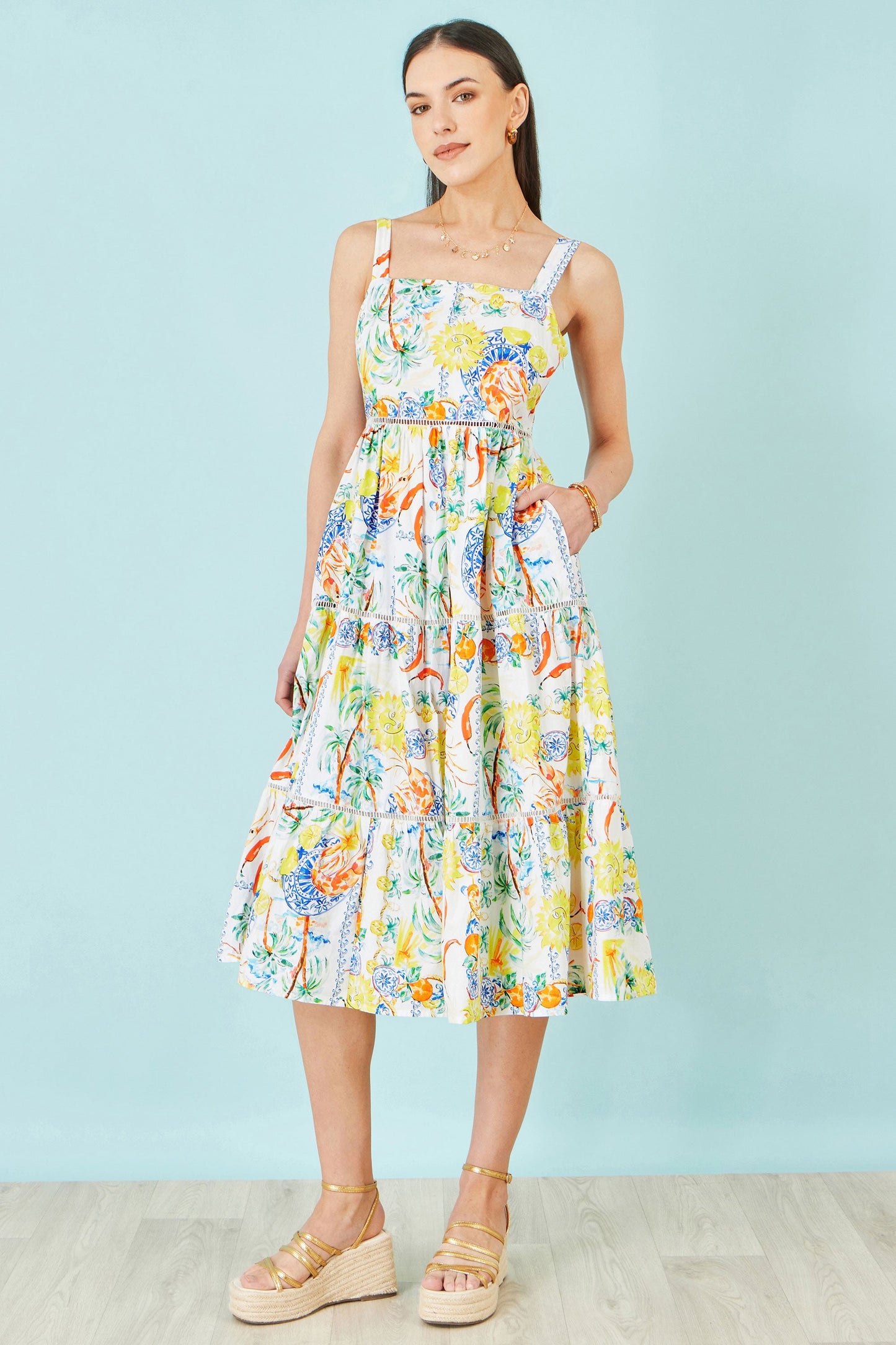 White Mediterranean Print Cotton Midi Sun Dress