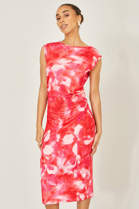 Red Mesh Ruched Bodycon Midi Dress