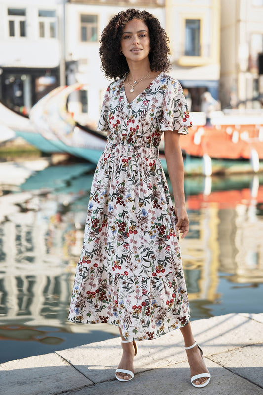 Ivory Botanical Print Viscose Midi Dress