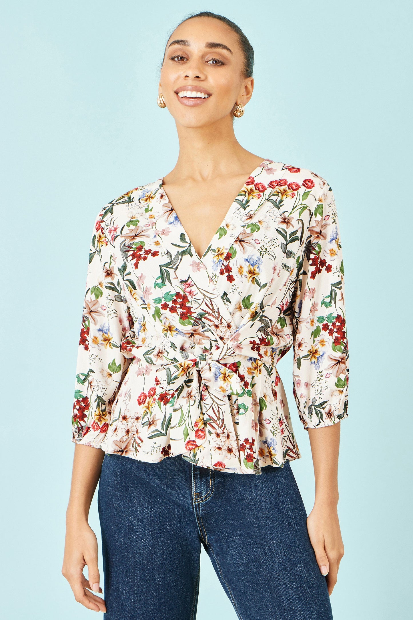 Ivory Viscose Botanical Print Wrap Top