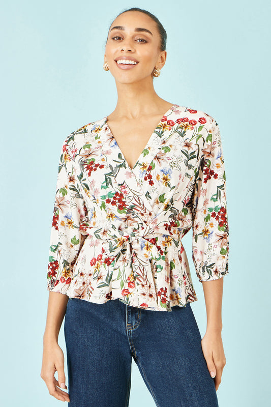 Ivory Viscose Botanical Print Wrap Top