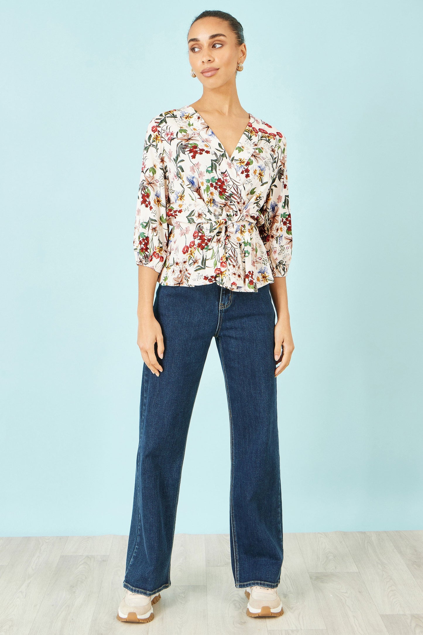 Ivory Viscose Botanical Print Wrap Top