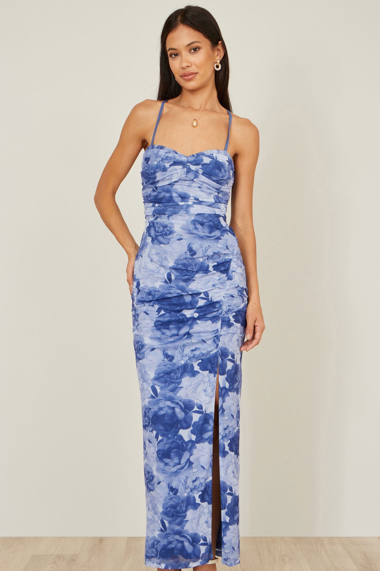 Blue Mesh Ruched Midi Dress With Split
