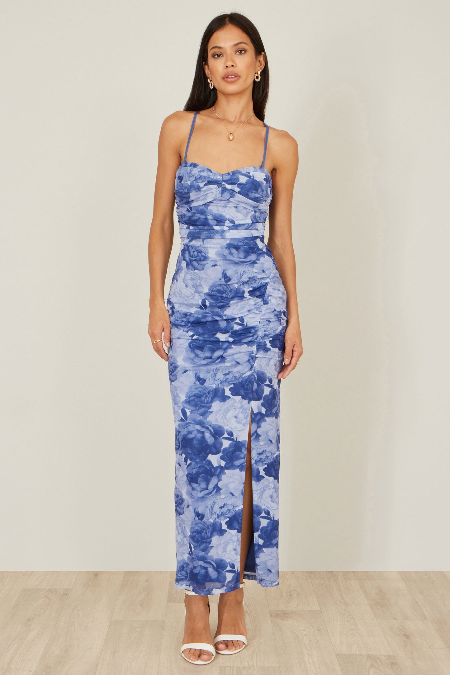 Blue Mesh Ruched Midi Dress With Split