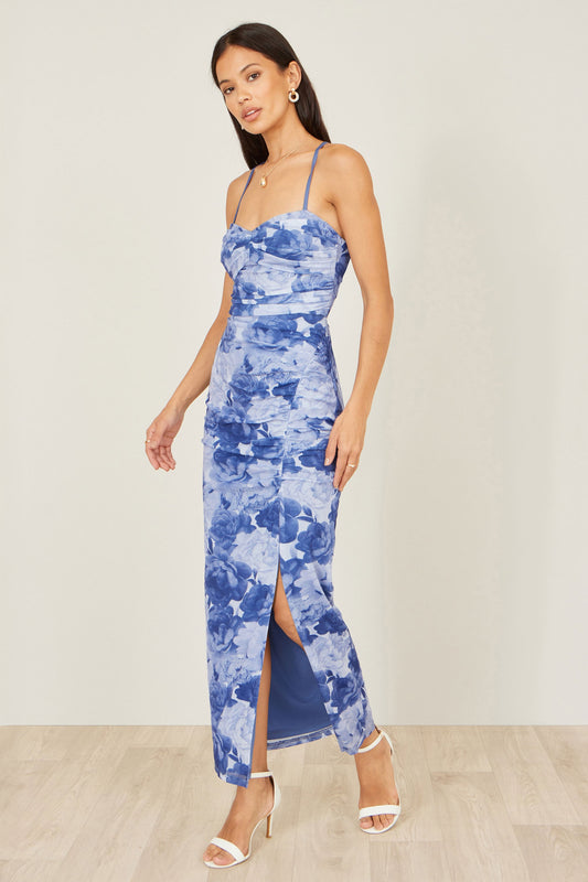 Blue Mesh Ruched Midi Dress With Split