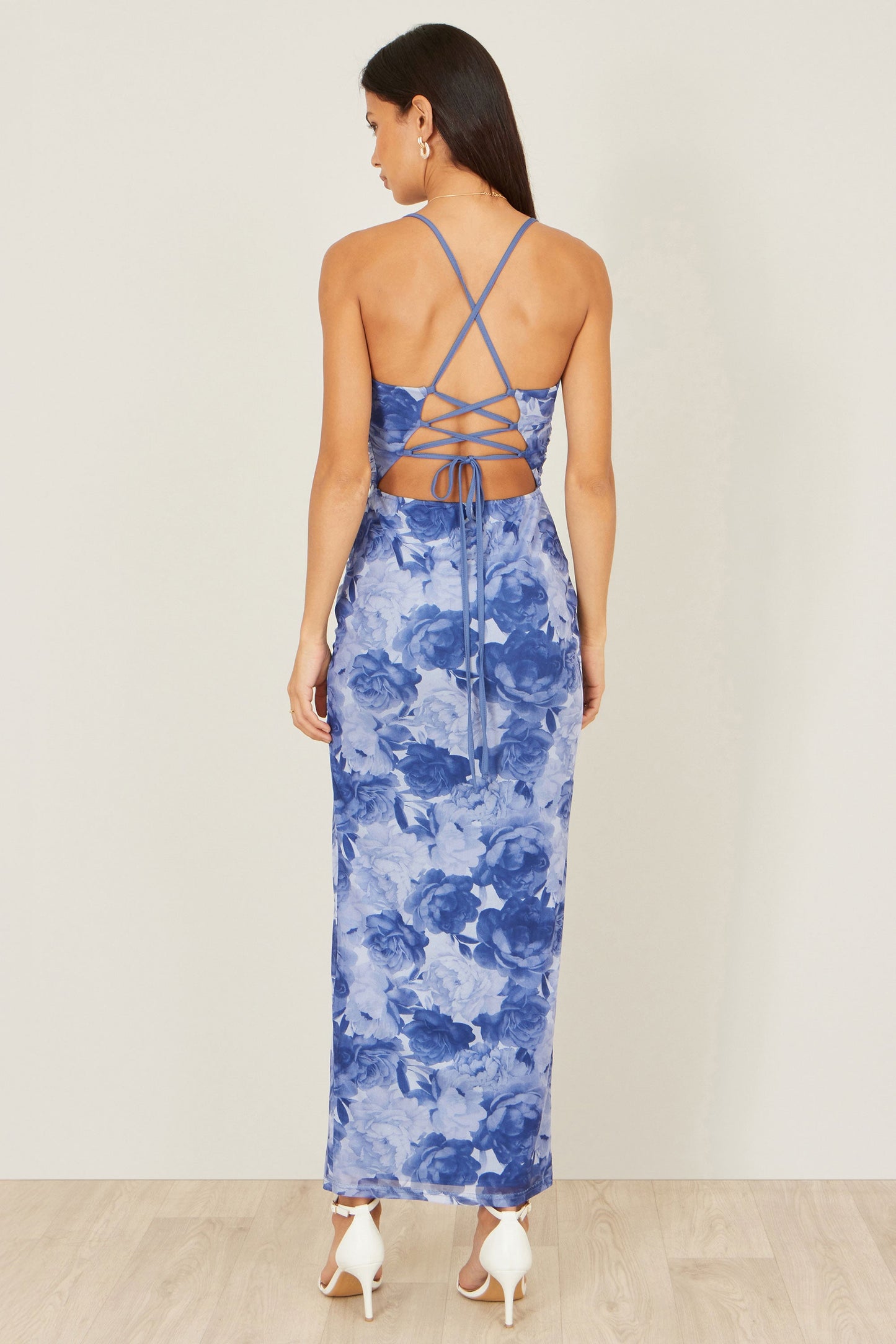 Blue Mesh Ruched Midi Dress With Split