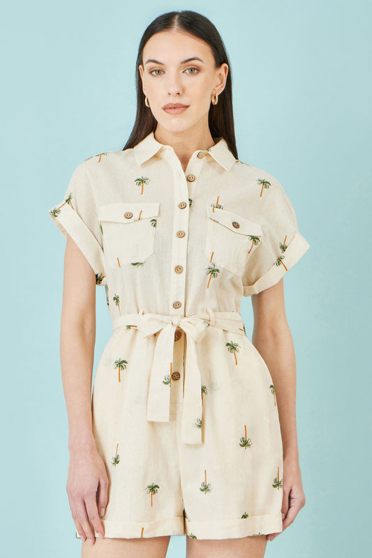 White Embroidered Palm Print Cotton Playsuit