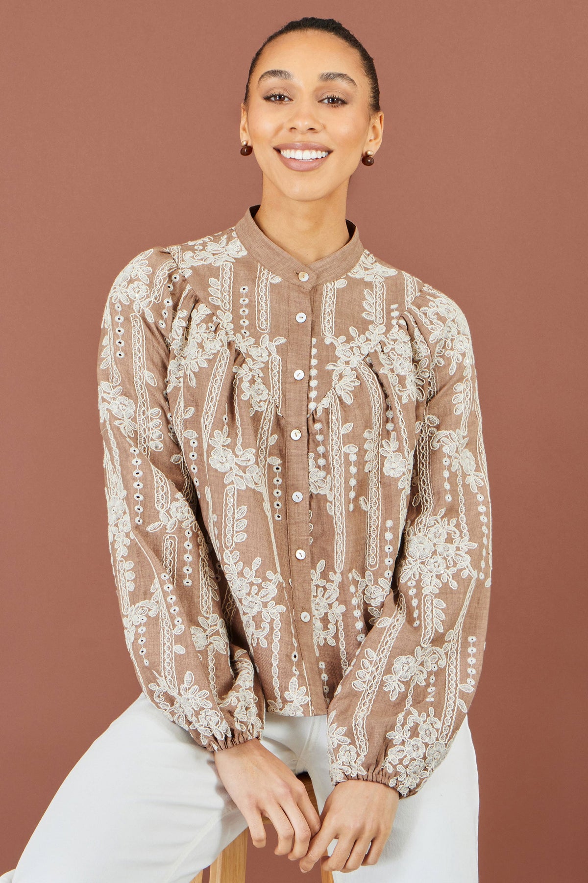 Brown Floral Embroidered Shirt