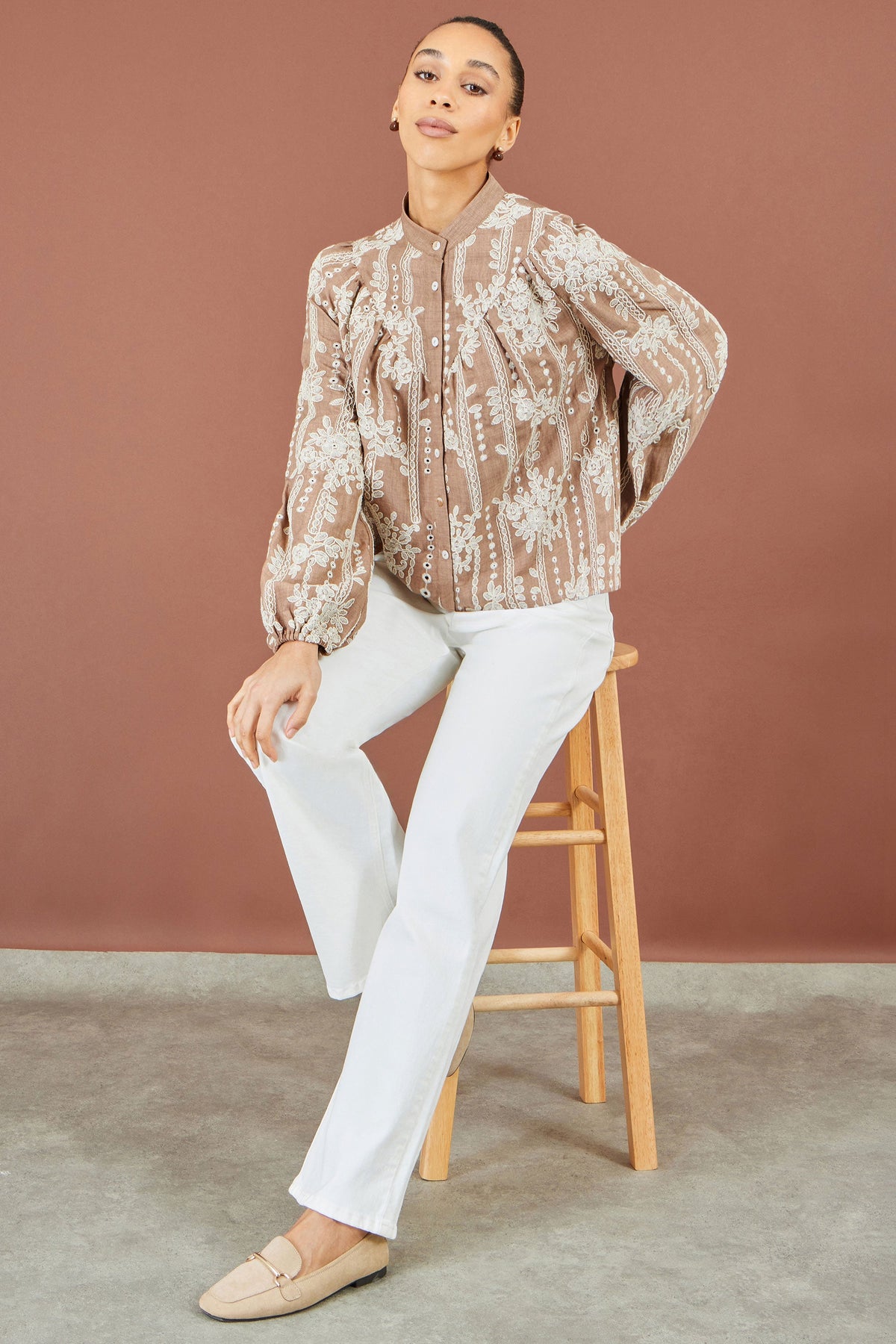 Brown Floral Embroidered Shirt