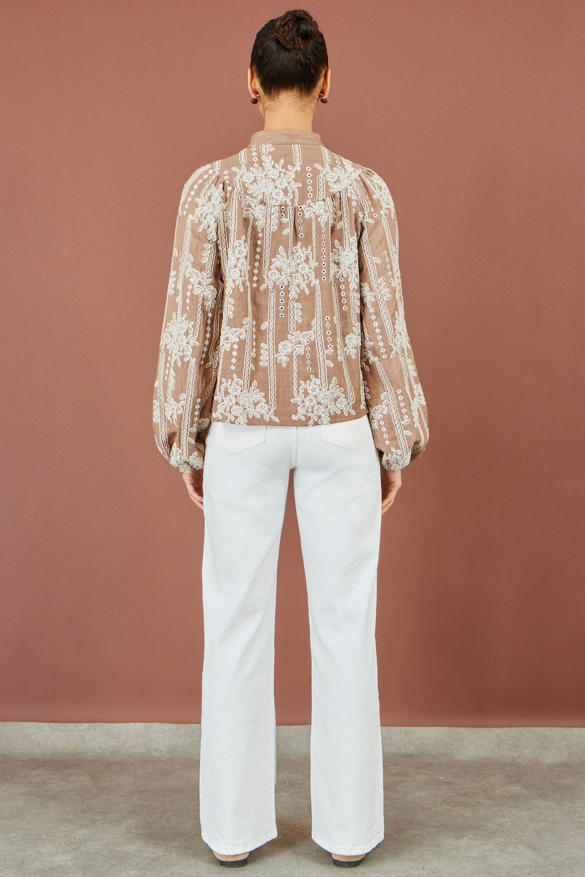 Brown Floral Embroidered Shirt