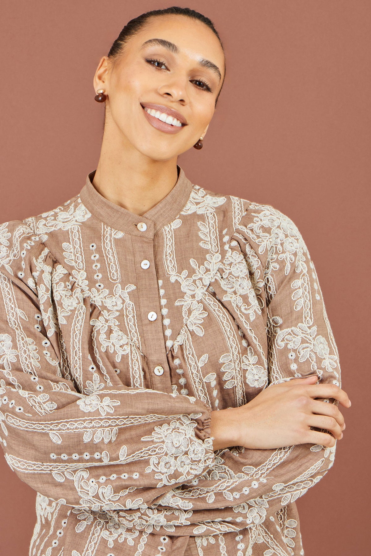 Brown Floral Embroidered Shirt
