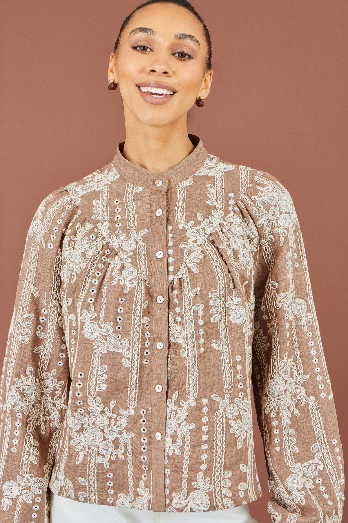 Brown Floral Embroidered Shirt
