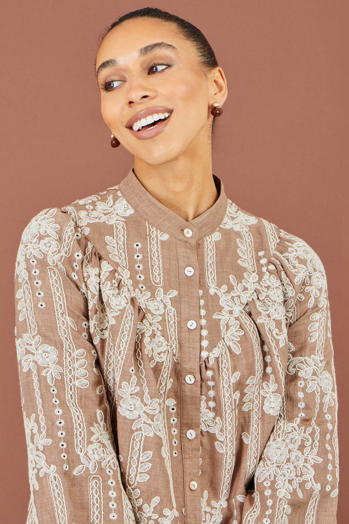 Brown Floral Embroidered Shirt