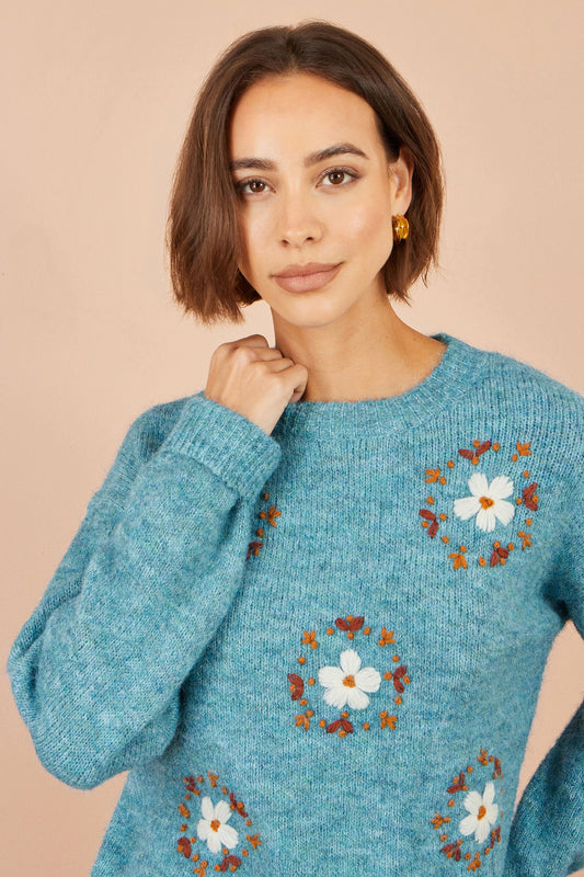 Blue Floral Embroidered Jumper