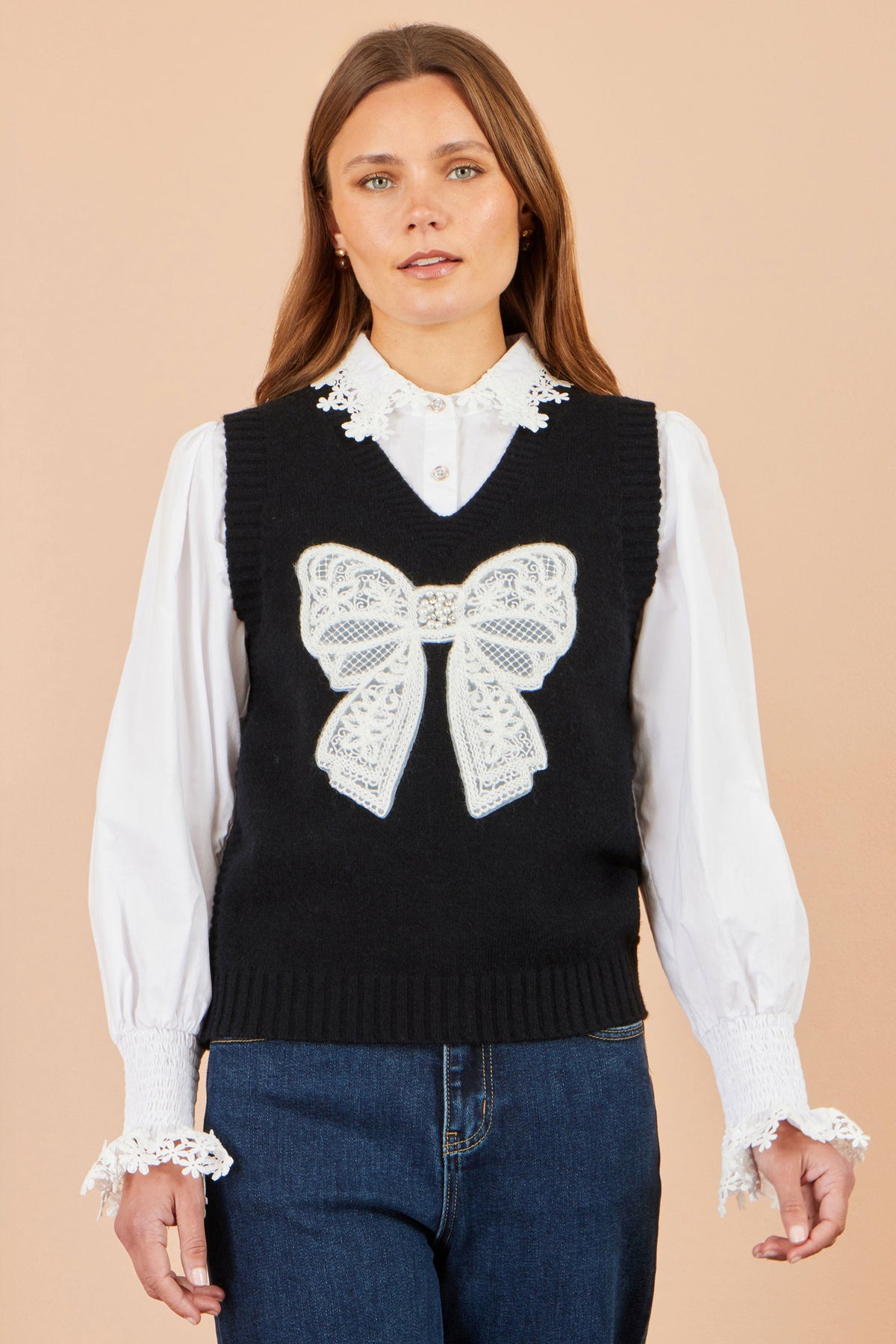 Black Lace Bow Knitted Vest