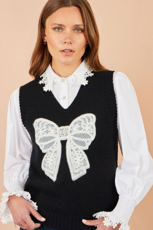 Black Lace Bow Knitted Vest