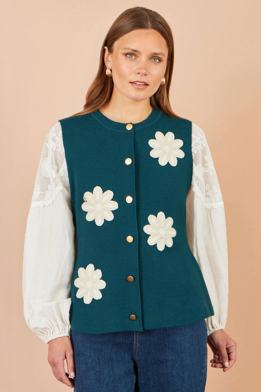 Teal Floral Knit Waistcoat
