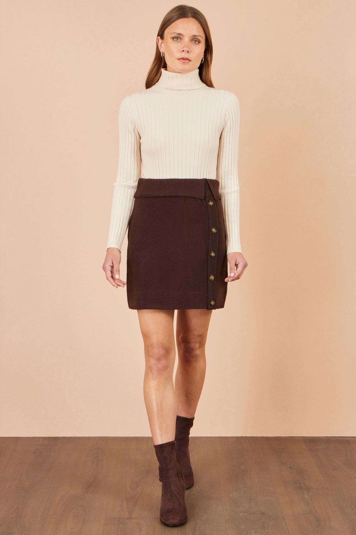 Brown Button Mini Skirt