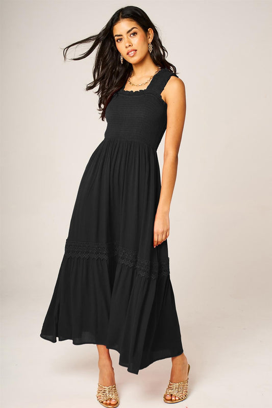Black Lace Detail Tiered Maxi Dress