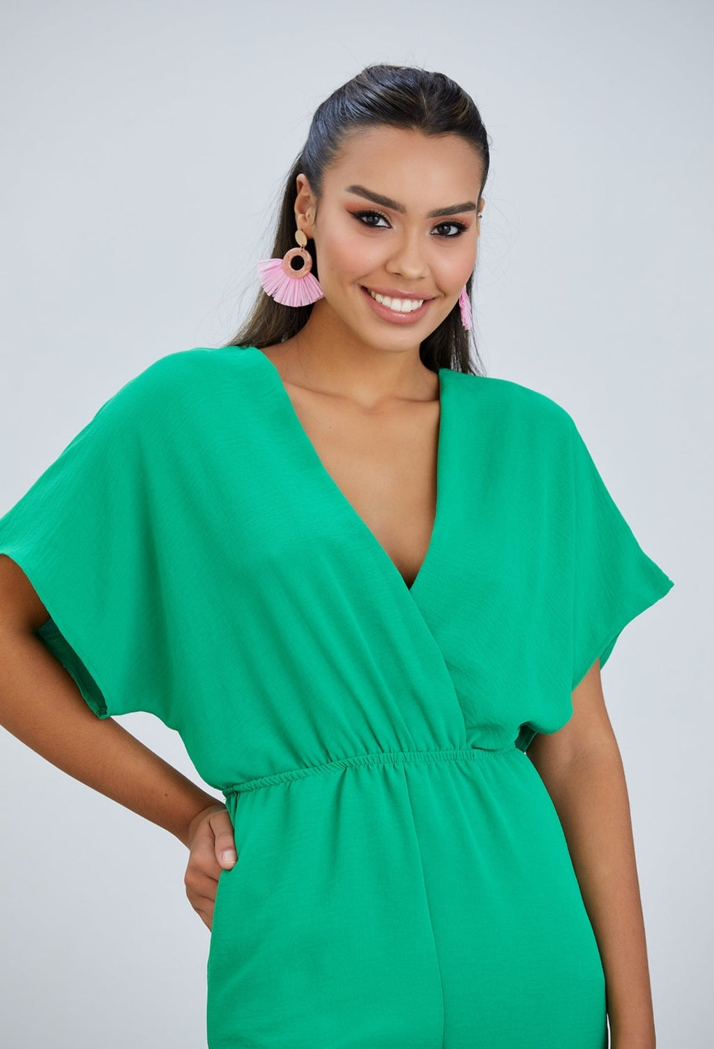 Batwing Sleeve Elasticated Waist Jumpsuit - Green - By Jenerique image 2