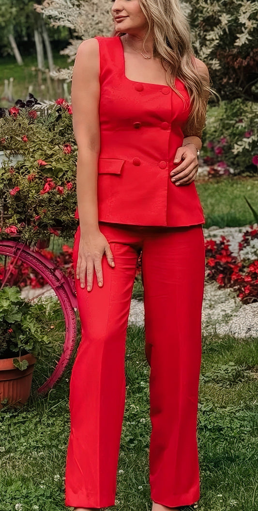 Double Breasted Wide Leg Co Ord - Red image 0
