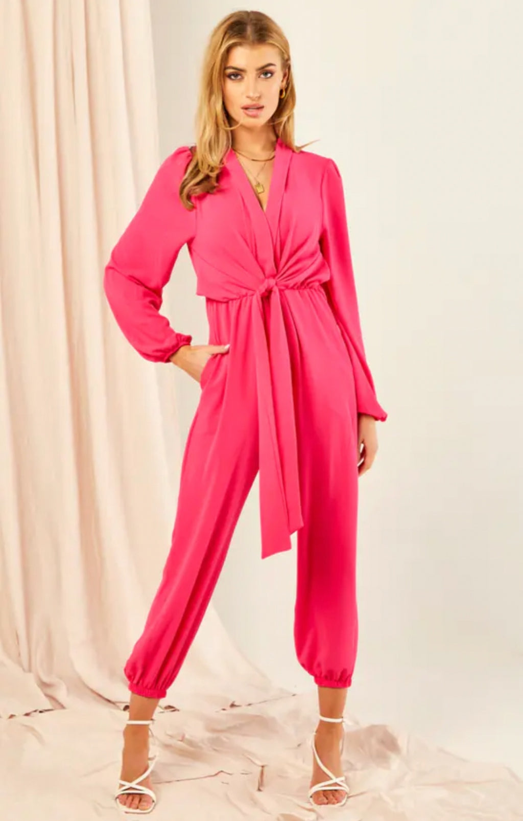 Long Sleeve Wrap Jumpsuit with Pockets - Pink  - By Jenerique image 1