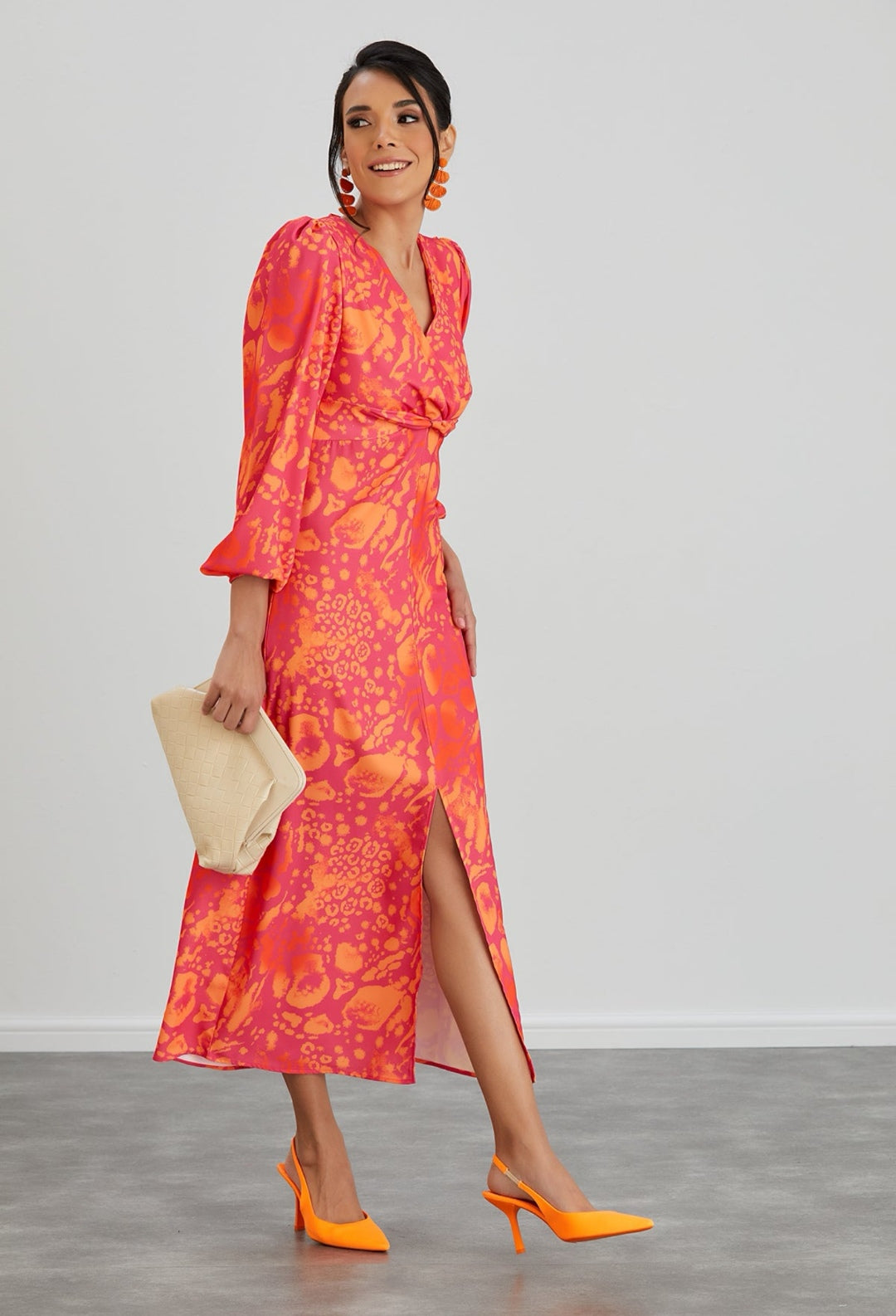 Twist Knot Midi Dress with Slit - Orange Leopard - By Jenerique image 4