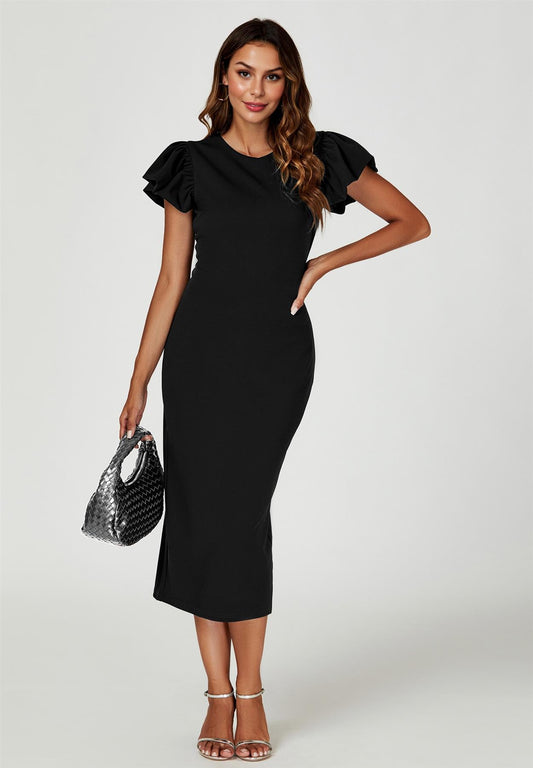 Volume Sleeve Bodycon Midi Dress