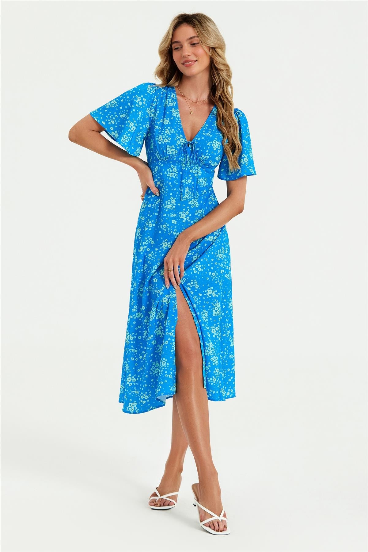 Blue Print Angel Sleeve Midi Dress