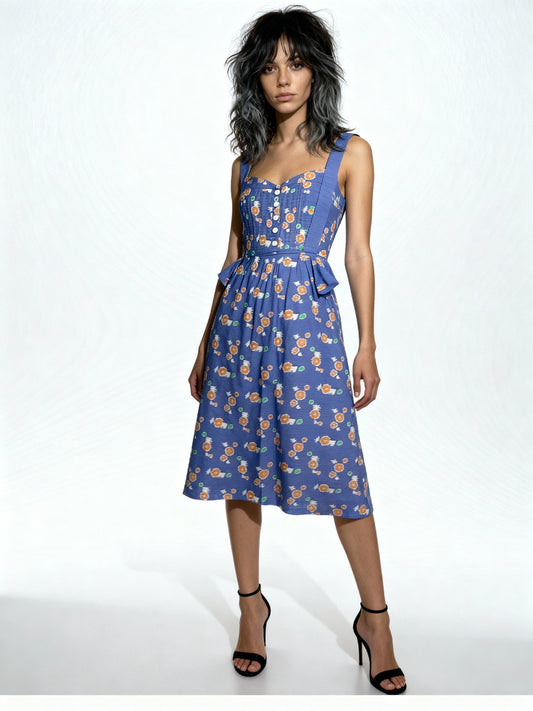 1970's Original Vintage Blue & Orange Floral Print Dress by Betty Barclay Size 8 - 10