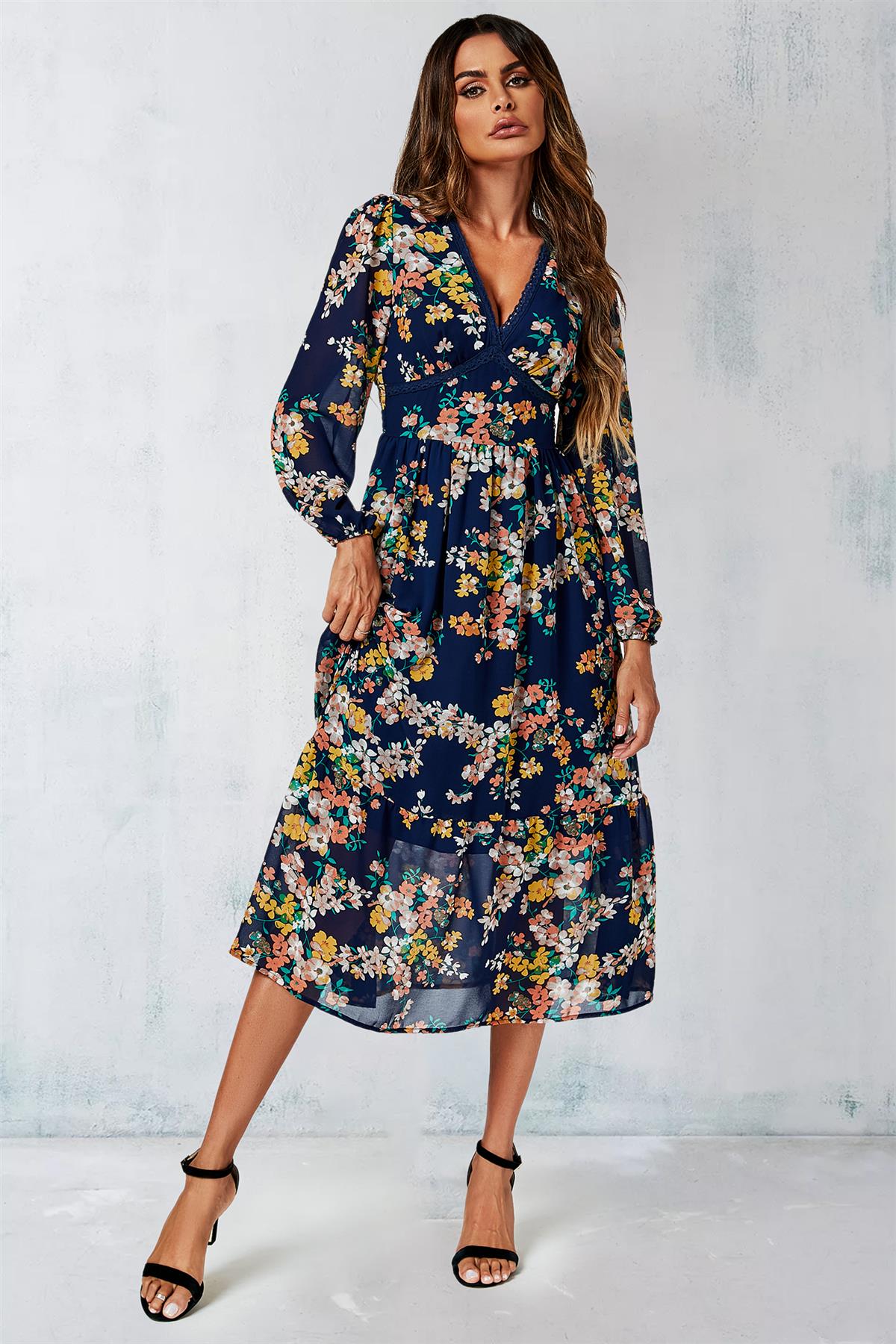 Navy Floral Print Long Sleeve Maxi Dress