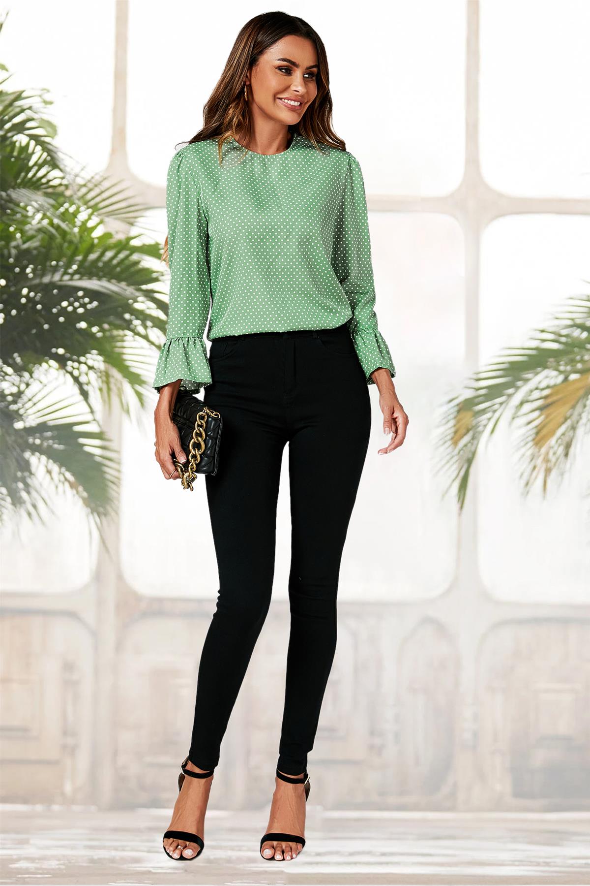Green Polka Dot Print Frill Detail Cuff Top