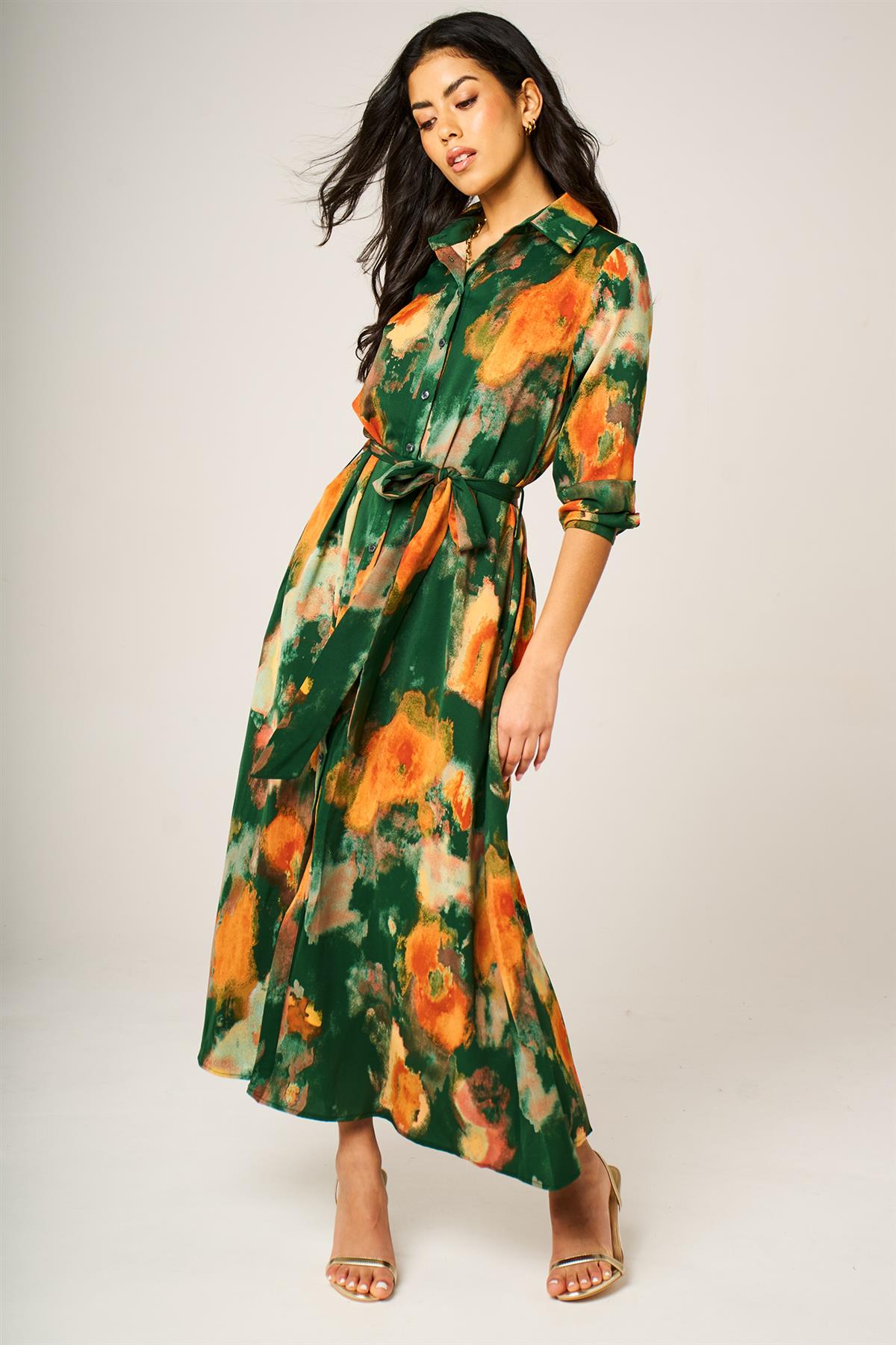 Green Abstract Floral Long Sleeve Belted Shirt Dress