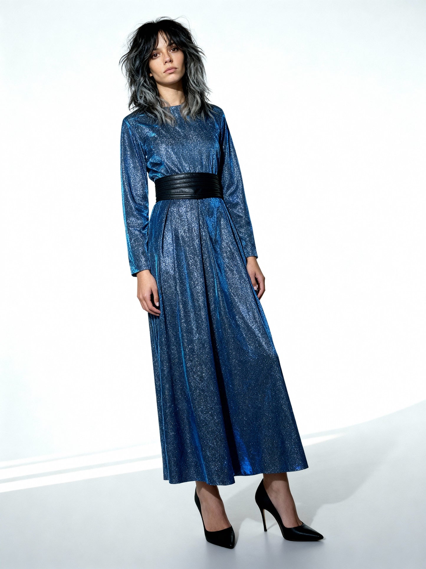 Original Vintage Blue Metallic Maxi Dress UK 10 - 14