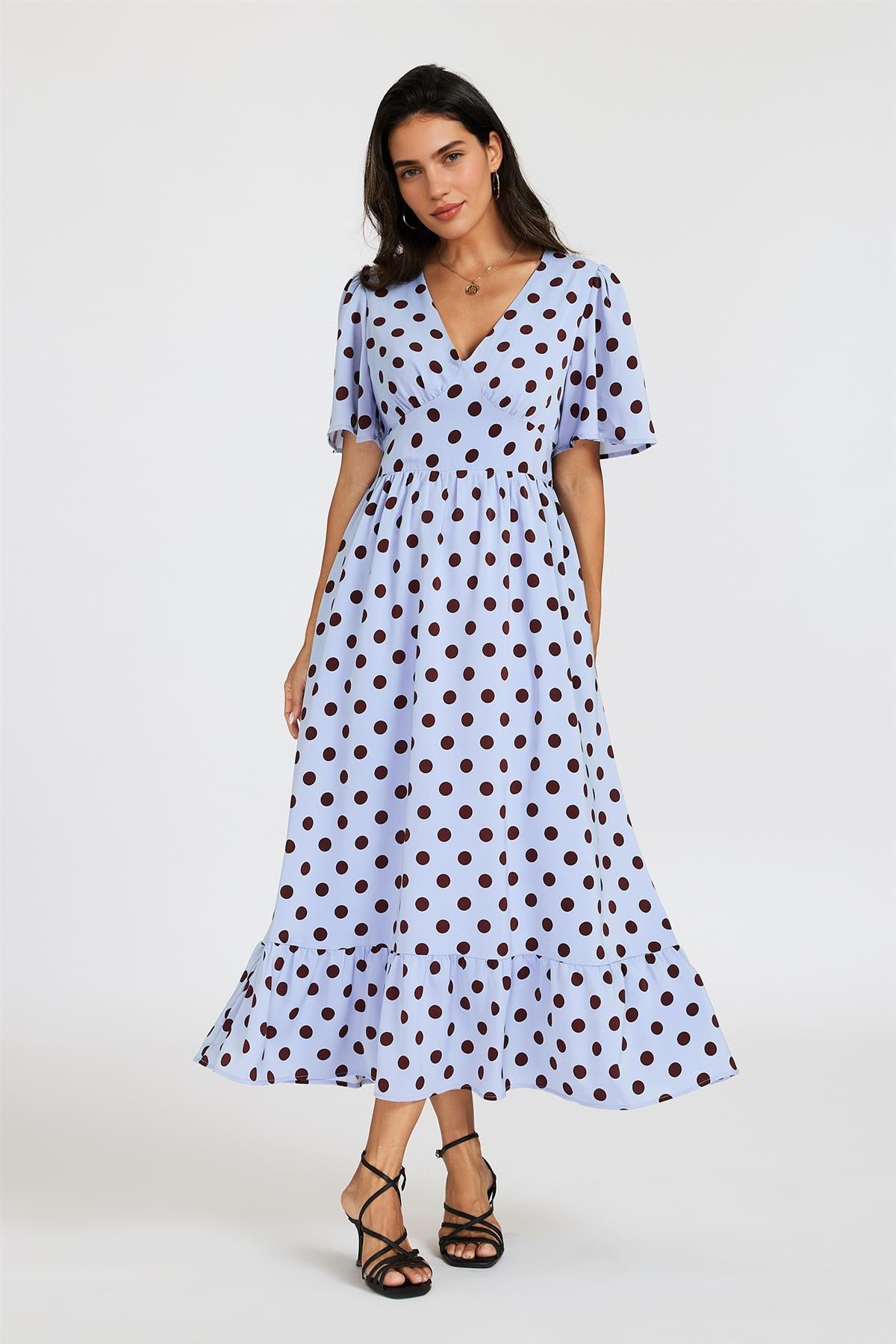 Blue Polka Dot Print Angel Sleeve Frill Hem Midi Dress