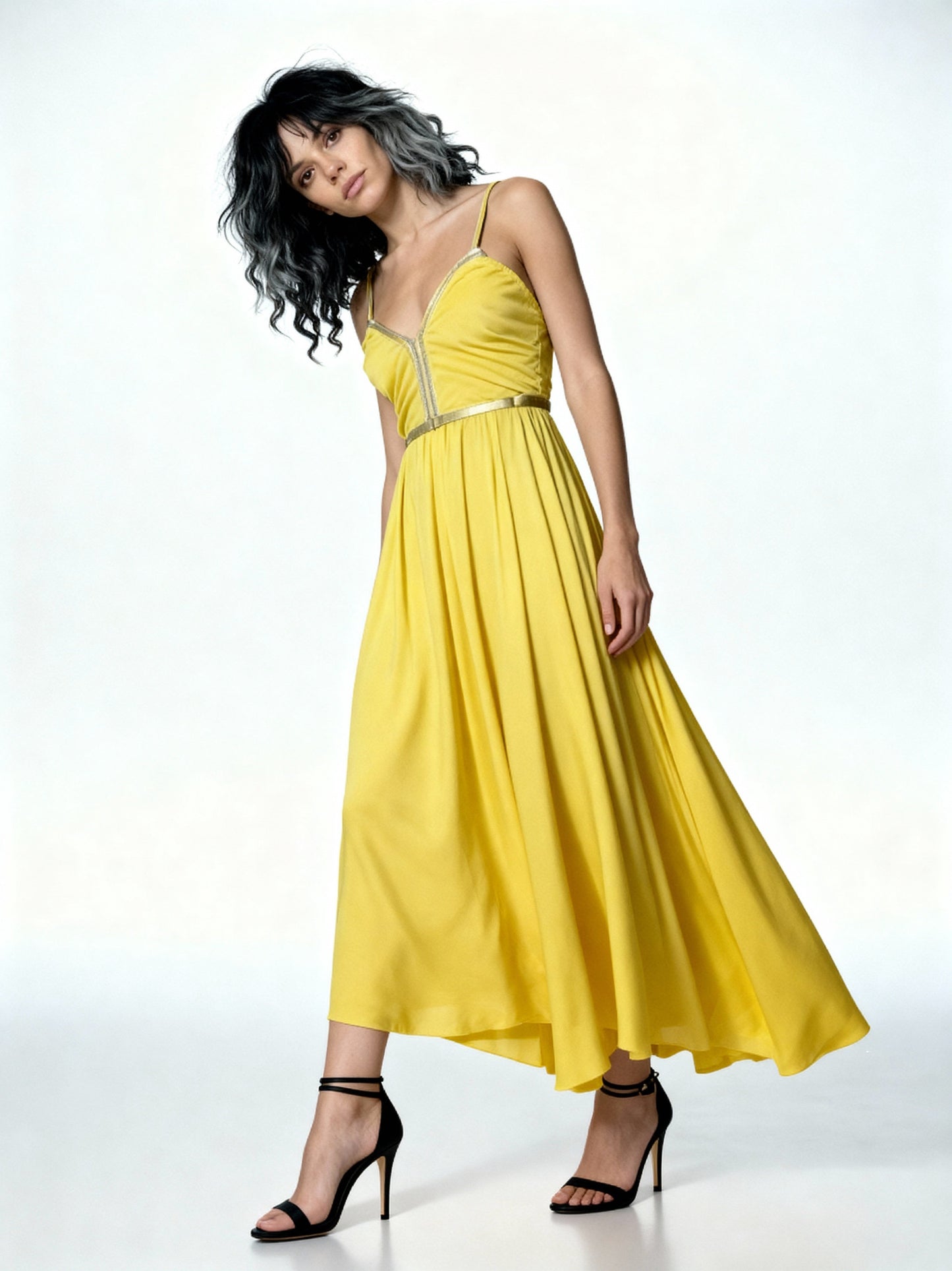 Original 1970's Vintage Yellow & Gold Strap Maxi Dress
