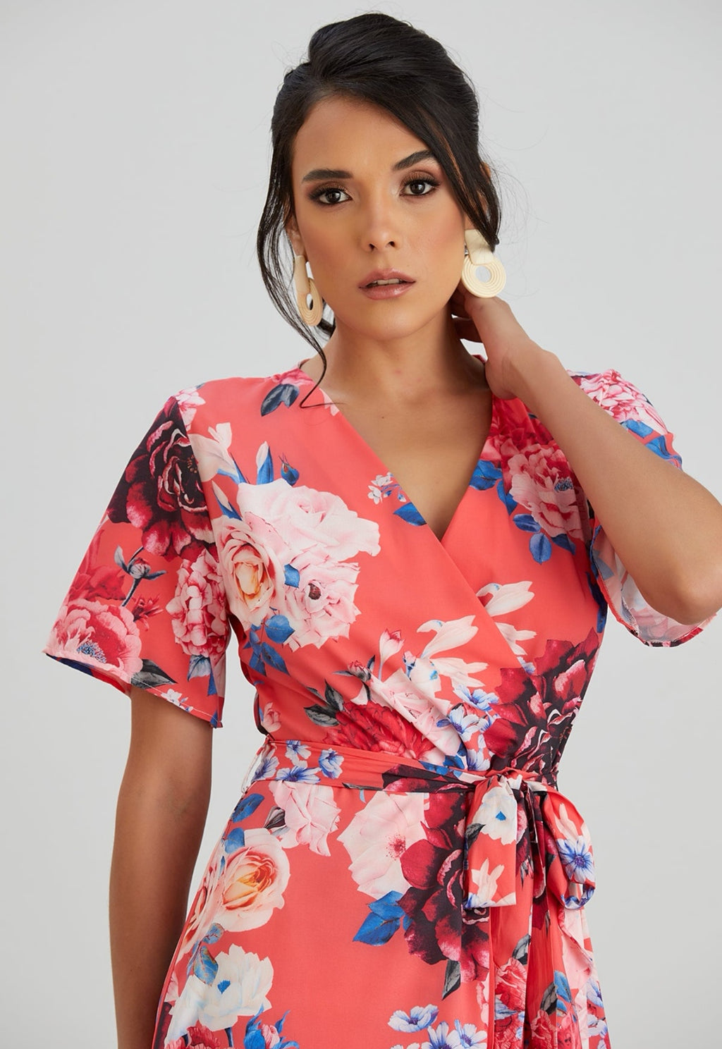 Wrap Midi Dress with Frill Skirt - Coral Floral - By Jenerique image 1