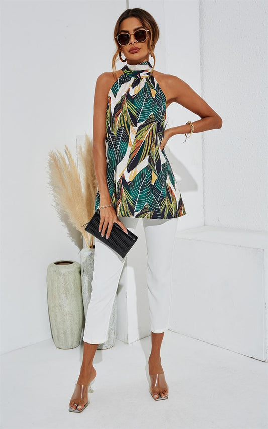 Green Leaf Print Halter Neck Tie Back Top