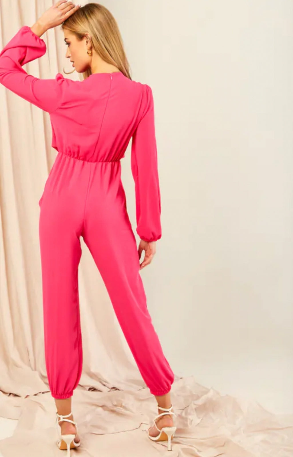 Long Sleeve Wrap Jumpsuit with Pockets - Pink  - By Jenerique image 4