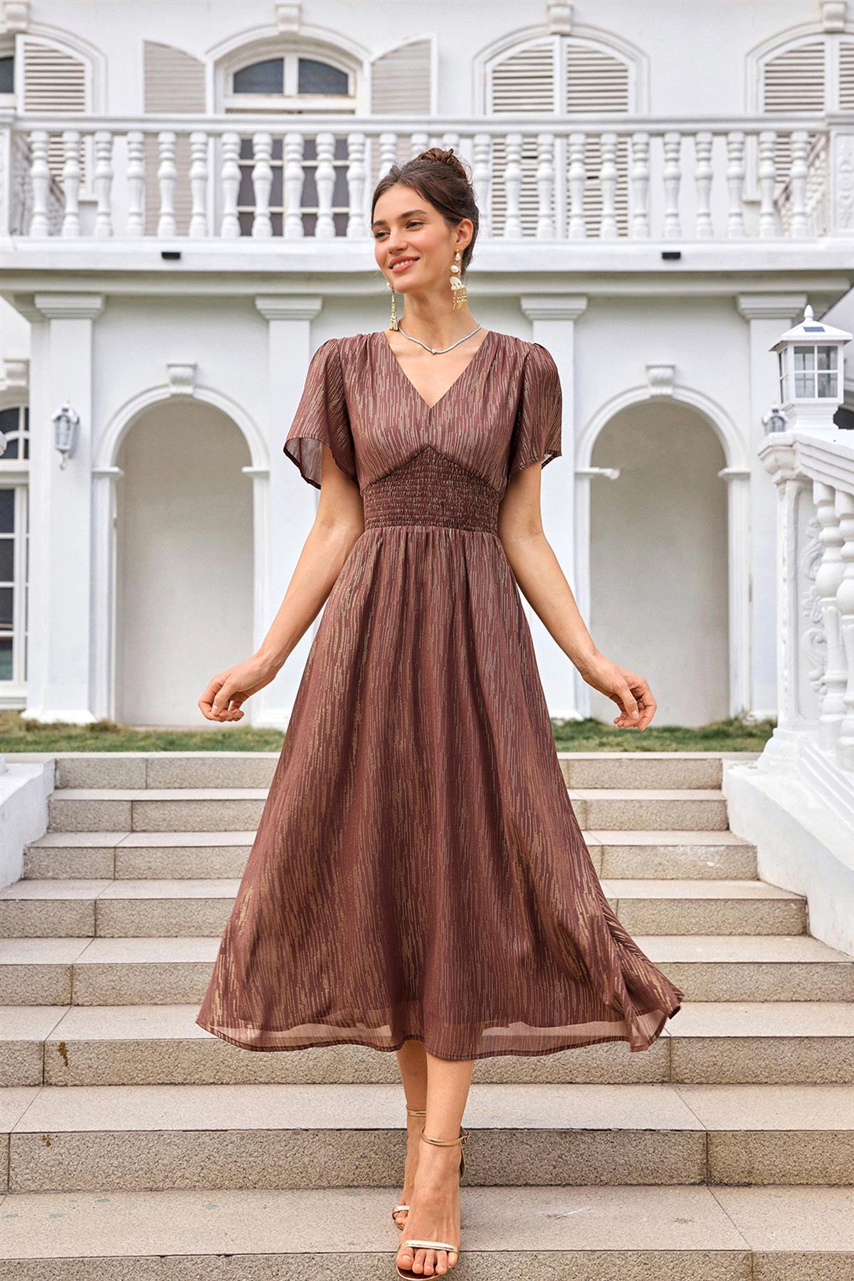 Brown Angel Sleeve Stripe Foil Midi Dress