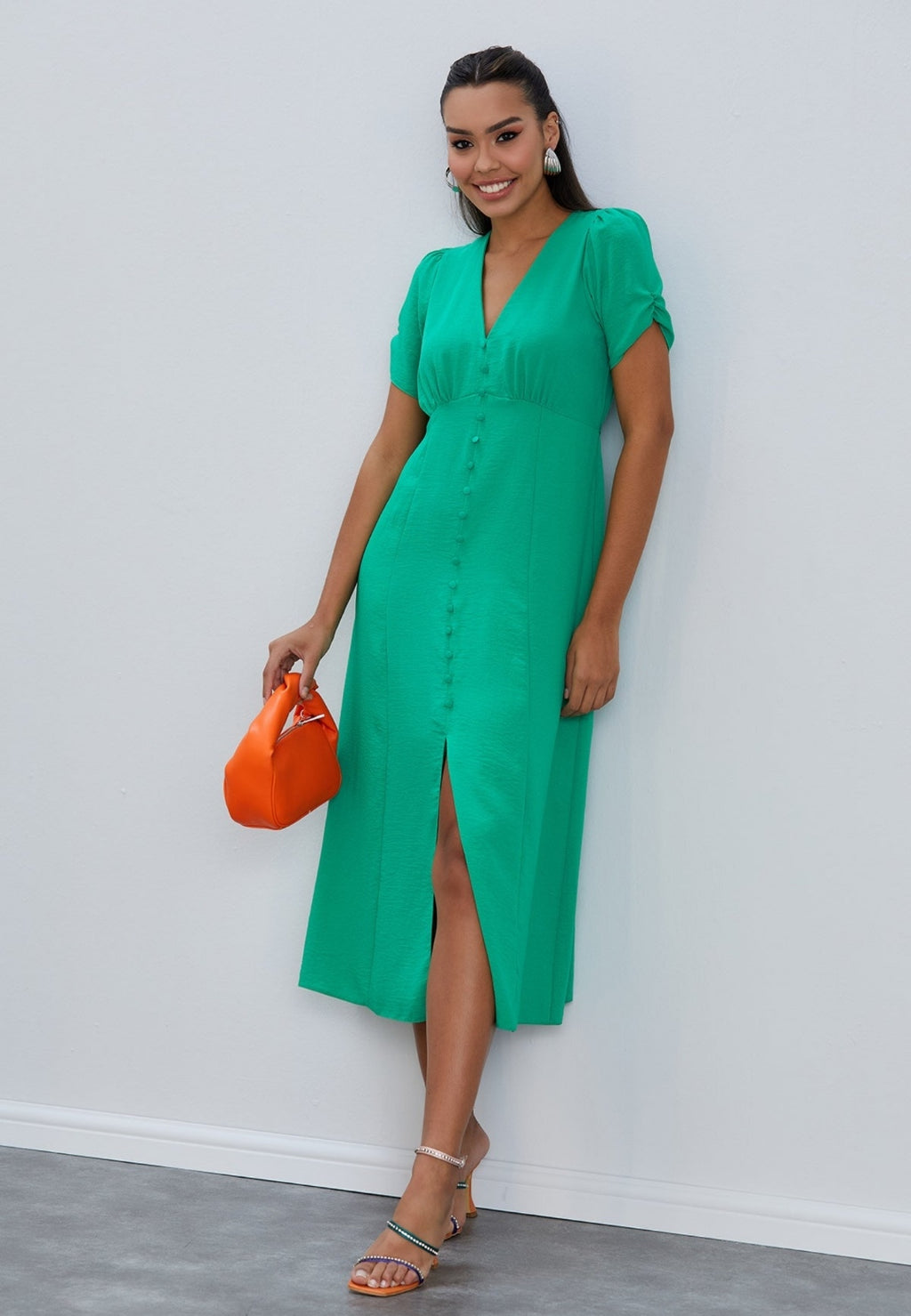 Linen Style Button Down Midi Dress - Green - By Jenerique image 2