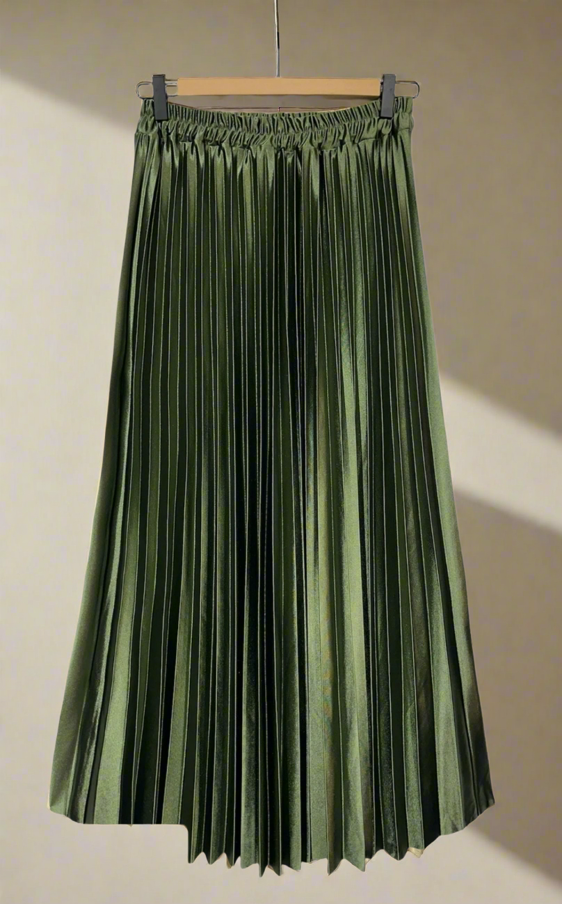 Satin Pleated Midi Skirt - Khaki