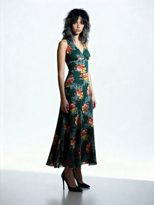 Original 1970'S Vintage Green Floral Dress Uk 8 - 10