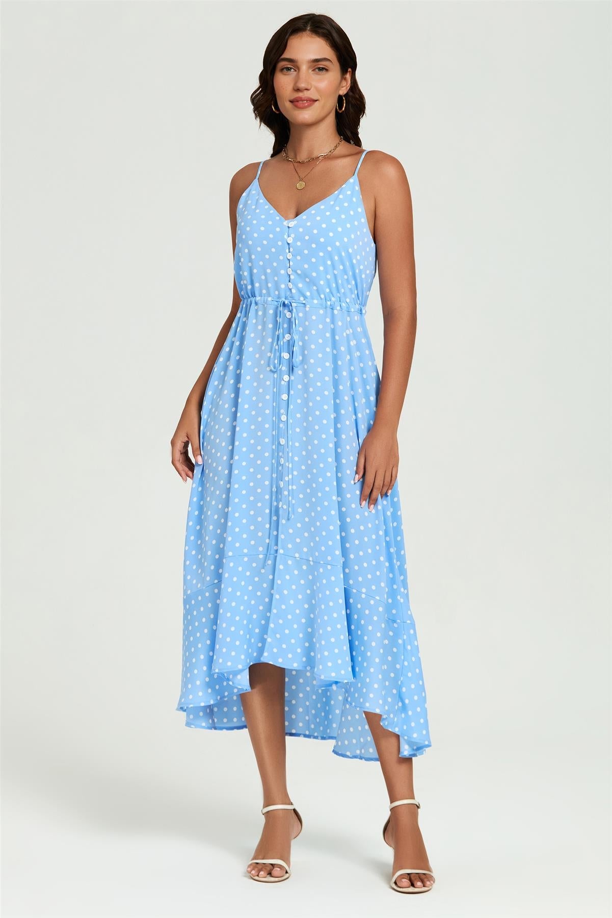 Light Blue Dot Print High Low Dress